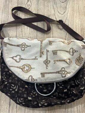 Key-Print Crossbody Bag in Cream and Brown